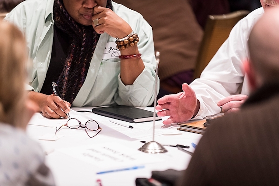 Participants break into smaller groups during 'A Campus Conversation About Diversity and Inclusion.'